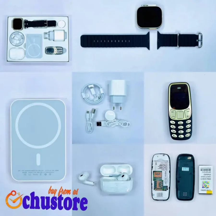 Wireless charger, USB cables, AirPods, smartwatch straps and a feature phone from Ochu Store