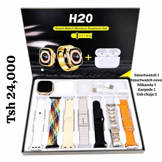 H20 smartwatch and wireless earphone set, 10-in-1 strap, priced Tsh 24,000