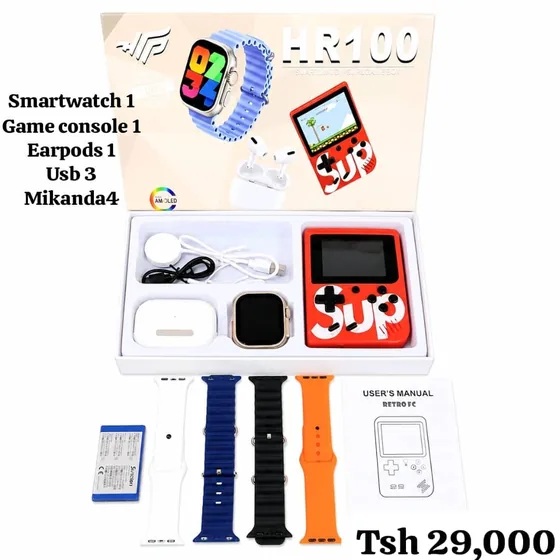 HR100 smartwatch with SUP retro game console and AirPods, priced Tsh 29,000